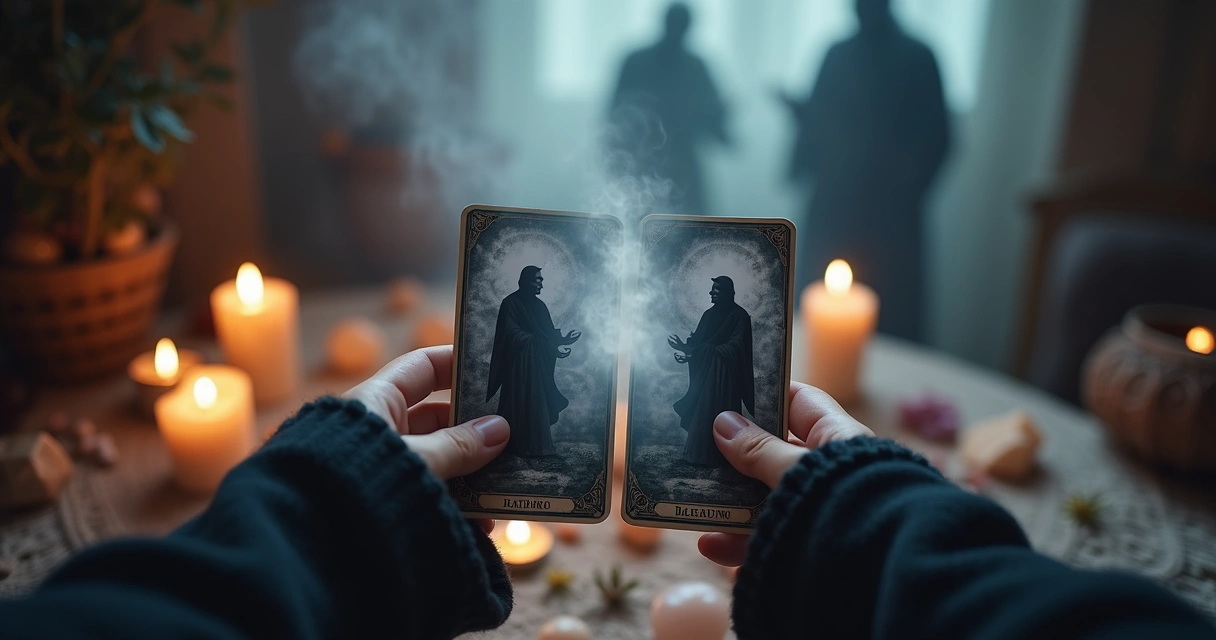 Mãos segurando cartas de tarot abertas com energia escura e sombras formando figuras ameaçadoras ao fundo em ambiente místico