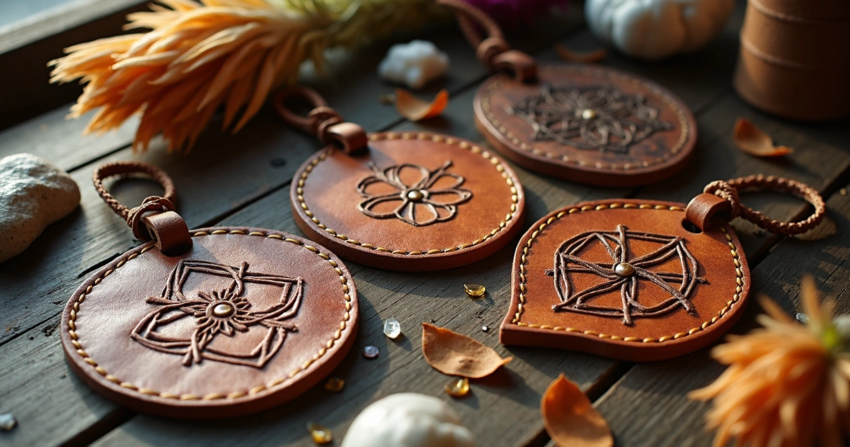 Amuletos de couro artesanais dispostos em mesa de madeira com elementos naturais ao redor para proteção pessoal