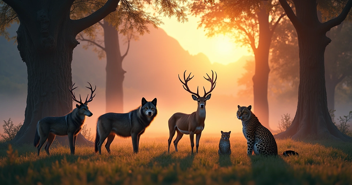 Ilustração fotorrealista de animais guias em uma paisagem mística ao entardecer