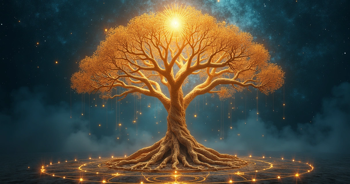 Ilustração detalhada e realista da Árvore da Vida da Cabala com símbolos do Tarot ao fundo, em cores douradas e azuis, com luz suave iluminando