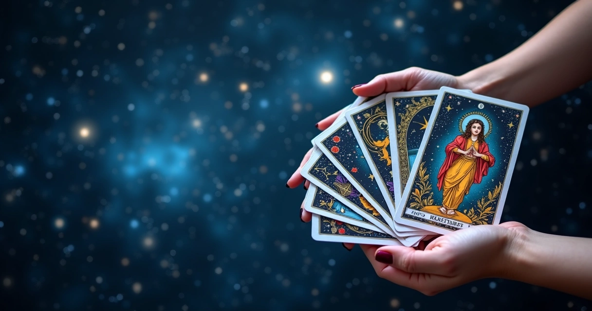 Mãos femininas segurando cartas de tarot ao lado de um céu estrelado com constelações visíveis