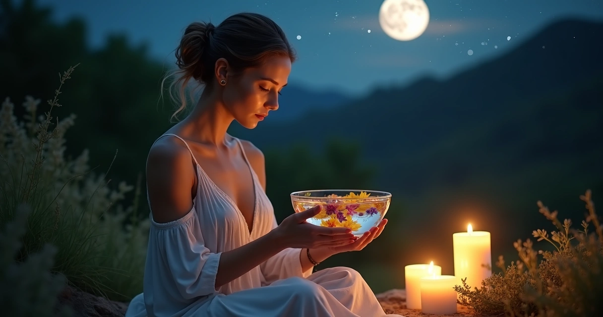 Mulher preparando banho de lua cheia ao ar livre à noite, com recipiente de água e flores sob a luz da lua