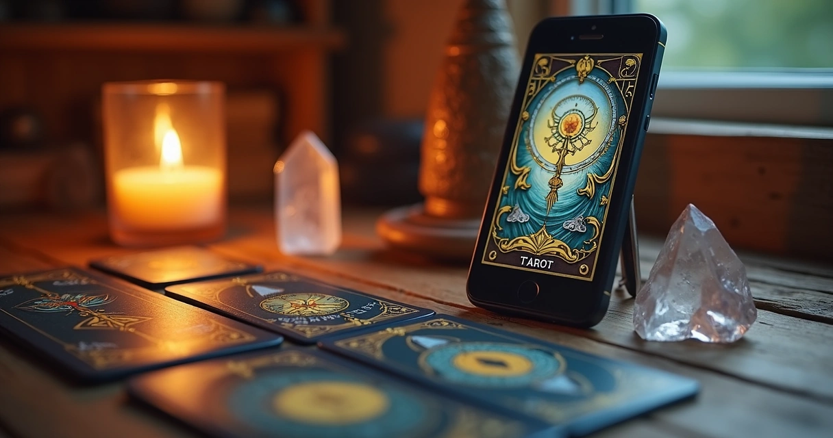 Mesa de madeira com cartas de tarot abertas, smartphone mostrando consulta online, vela acesa e cristal ao lado