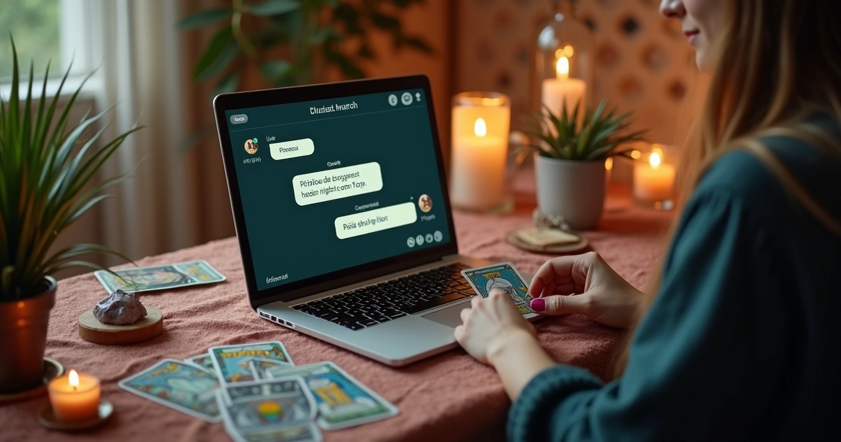 Pessoa realizando consulta de tarot online usando computador com chat e cartas de tarot na mesa