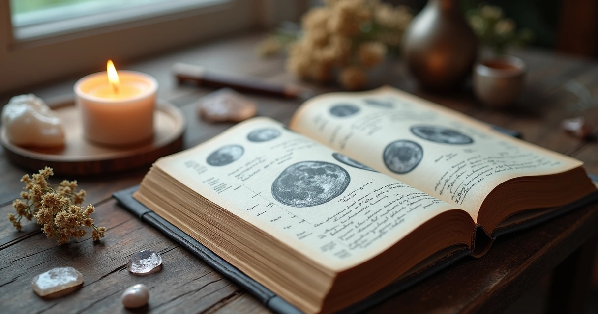 Diário lunar aberto com anotações e desenhos das fases da lua em uma mesa de madeira