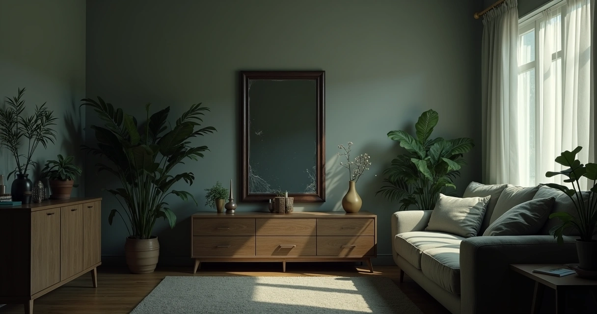Sala de estar com luz escurecida, objetos fora de lugar e plantas murchas indicando energia negativa