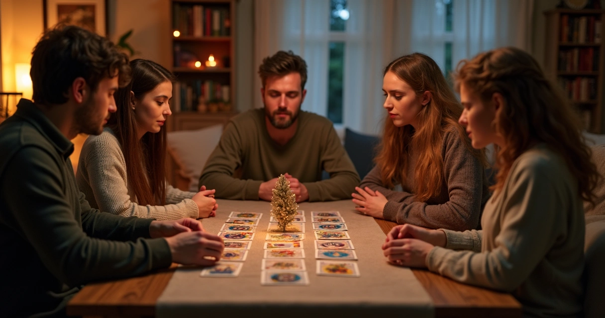 Família reunida à mesa fazendo tiragem simples de cartas de tarot em ambiente iluminado e acolhedor