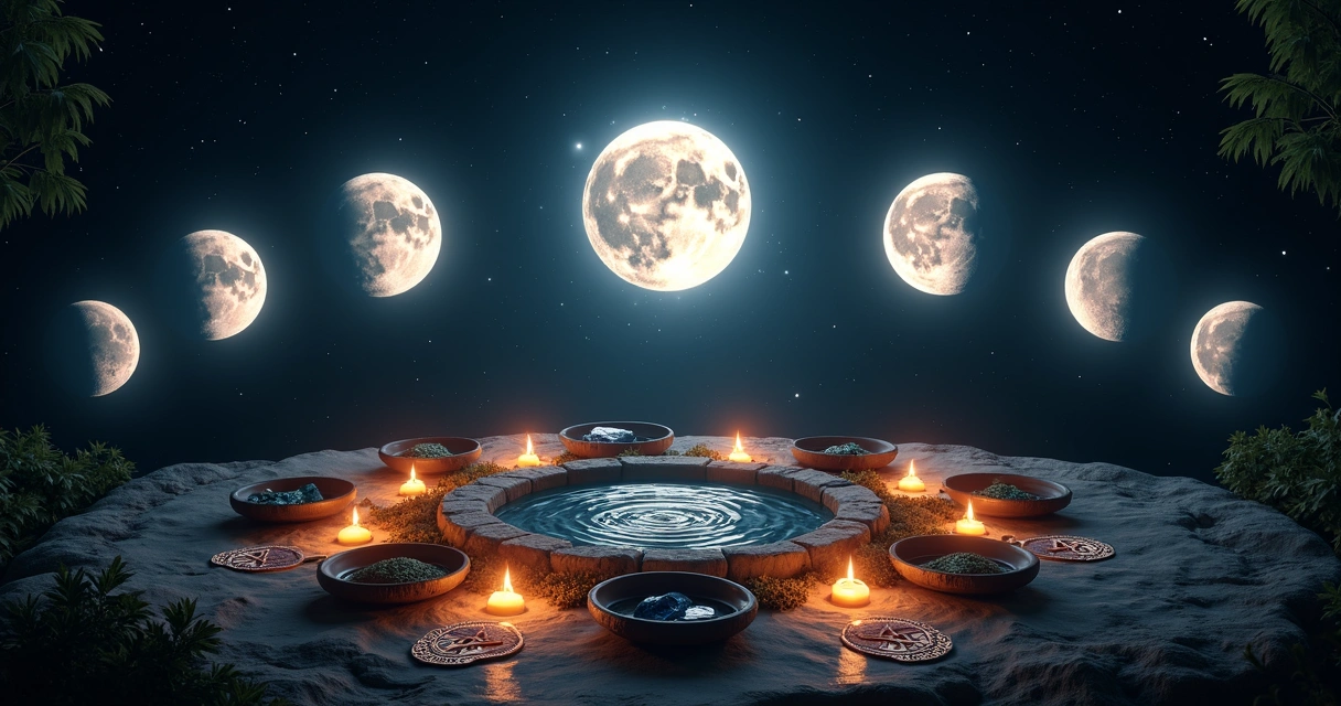 Fases da Lua representadas em círculo com símbolos esotéricos e elementos para rituais e banhos energéticos