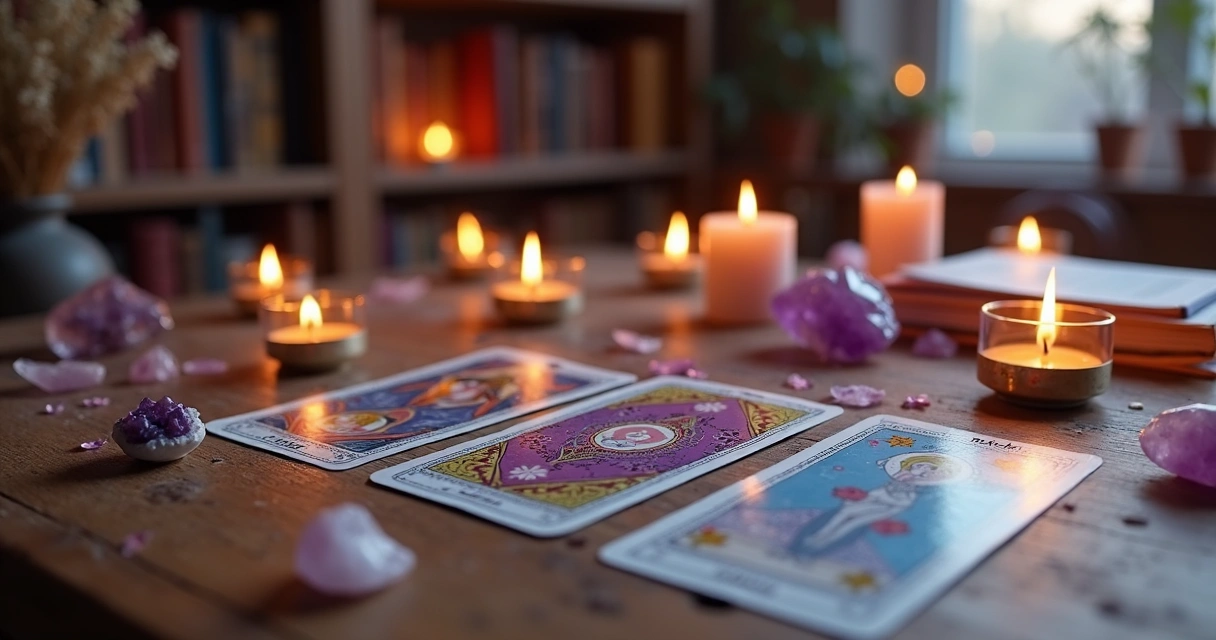Mesa com cartas de tarot dispostas para leitura com velas acesas e cristais ao redor, foco em carta representando equilíbrio emocional