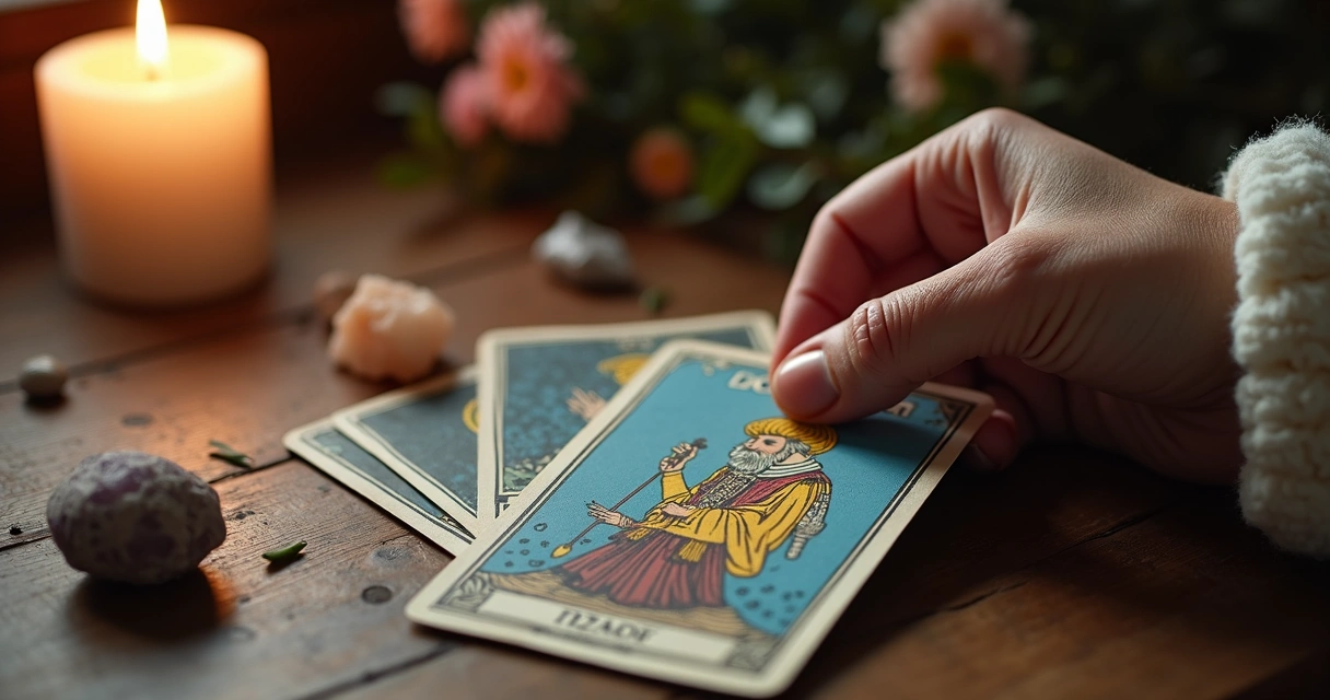 Mão segurando cartas de tarot com vela acesa ao lado em mesa de madeira