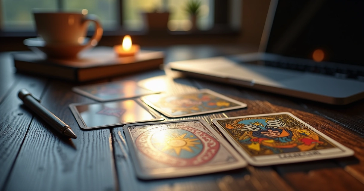 Mesa com cartas de tarot dispostas para tiragem profissional sobre madeira escura