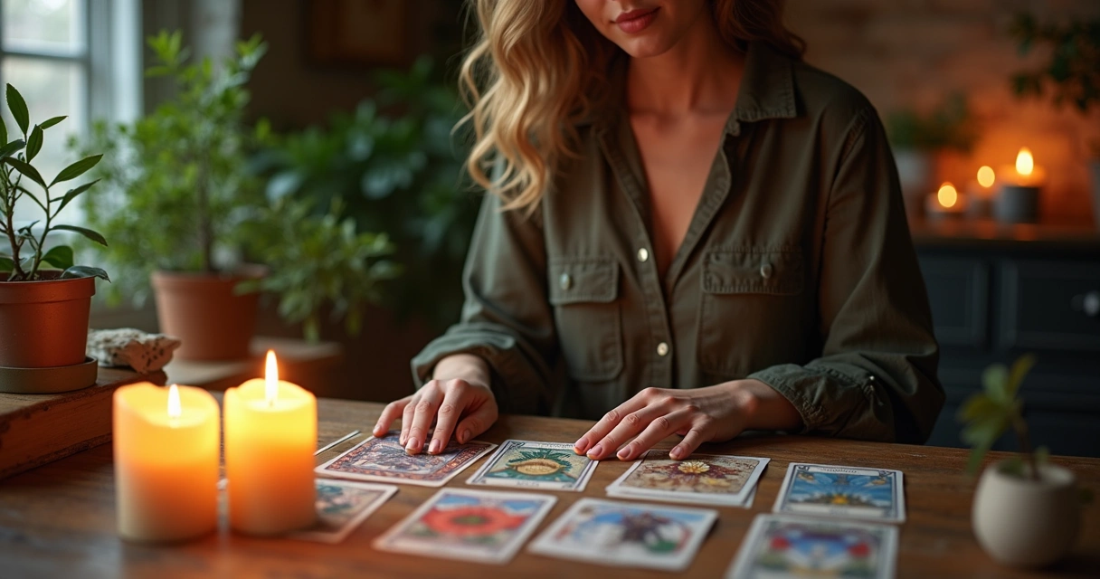 Mulher sentada à mesa com cartas de tarot dispostas, ambiente calmo com velas acesas e plantas ao redor
