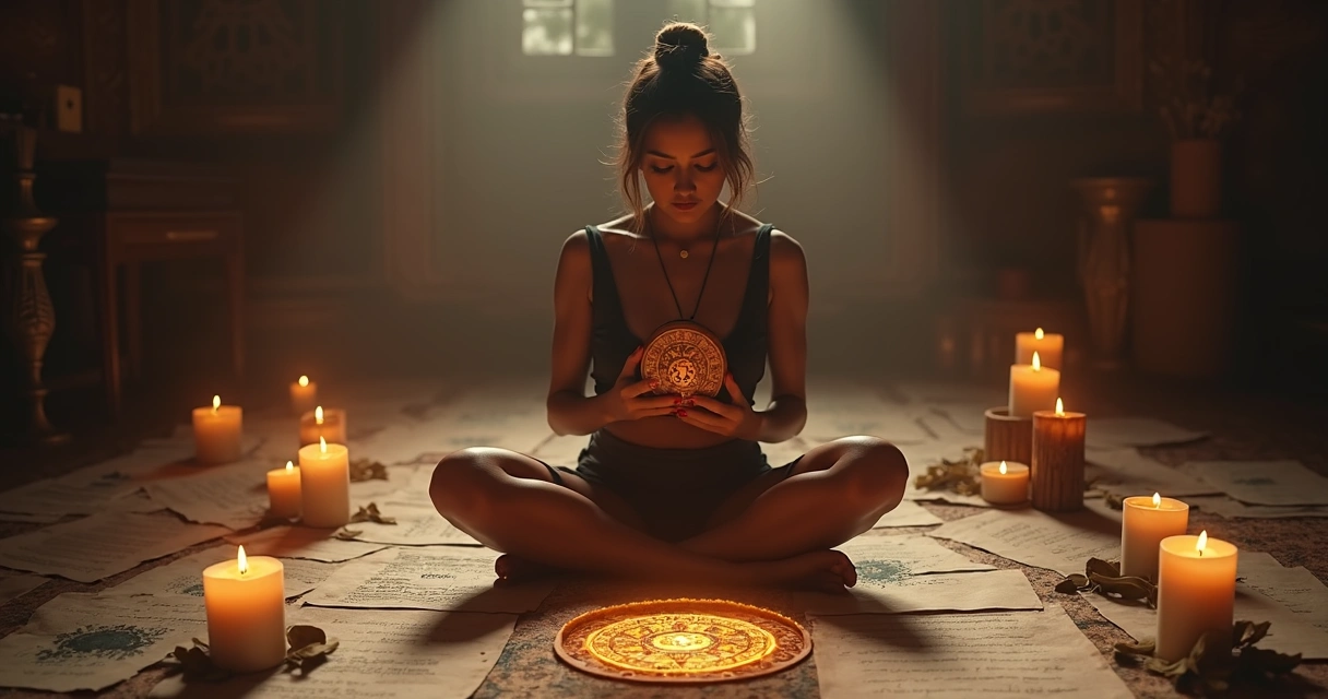 Mulher contemplando um círculo de símbolos esotéricos com pergaminhos e velas ao redor