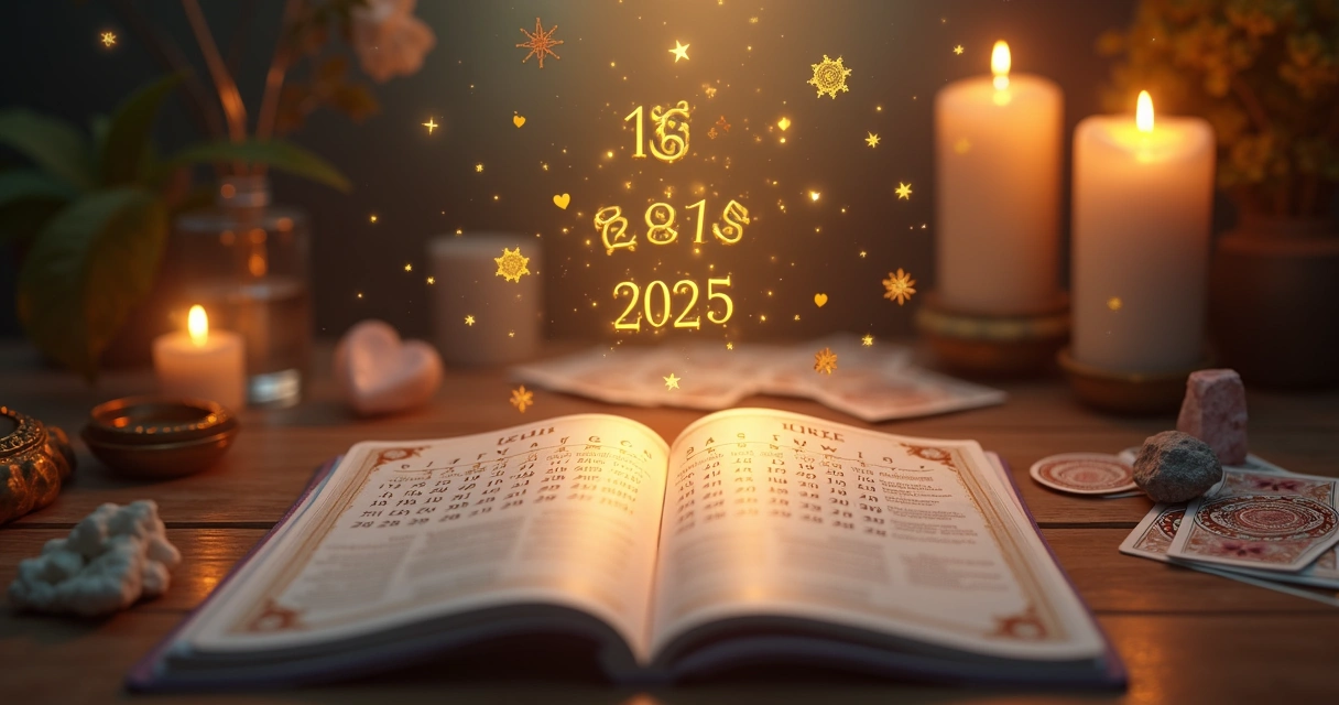 Mesa com cartas de tarot, números e calendário com datas destacadas para 2025, ambiente mágico e iluminado