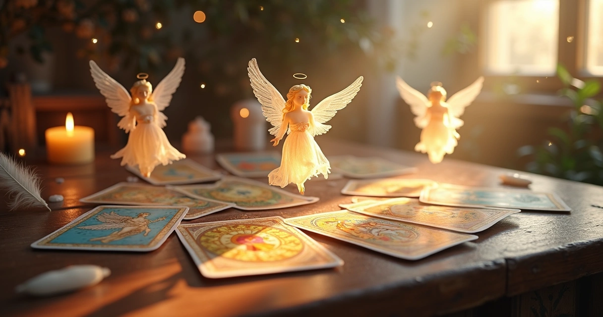 Mesa com cartas do oráculo dos anjos, anjos transparentes ao fundo e luz dourada suave
