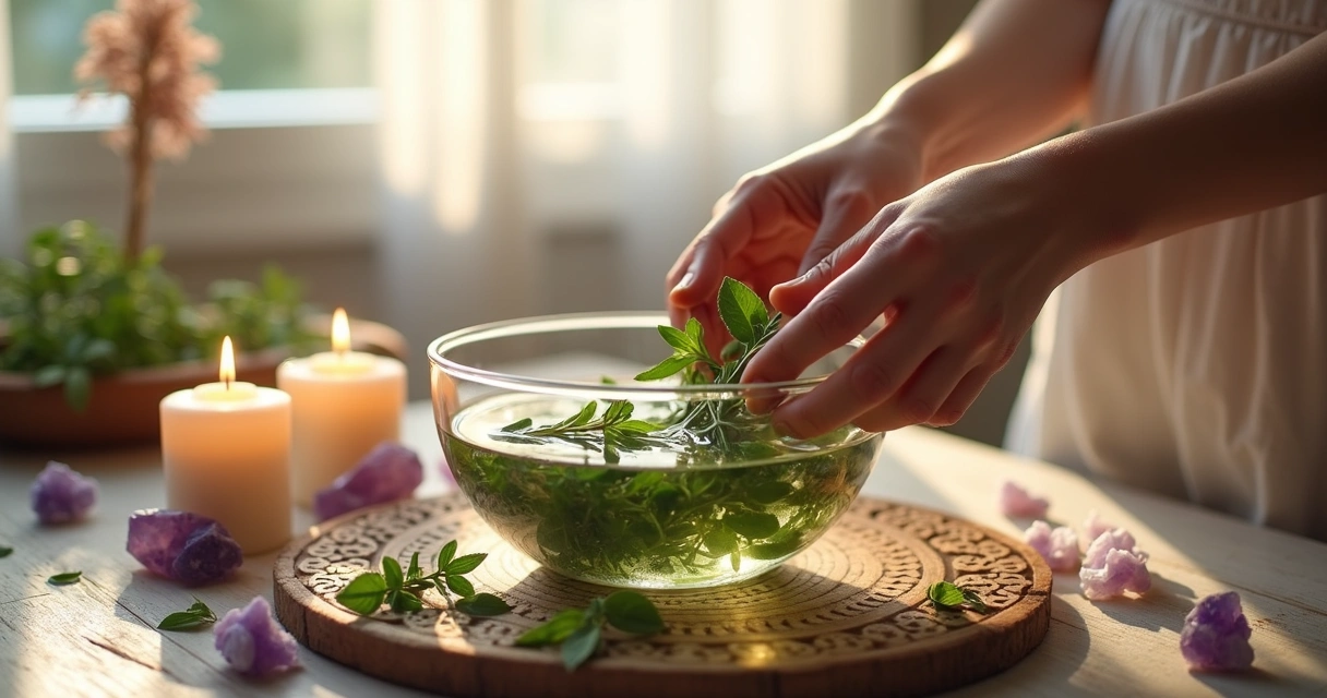 Pessoas preparando banho energético com ervas naturais em ambiente calmo e iluminado por velas