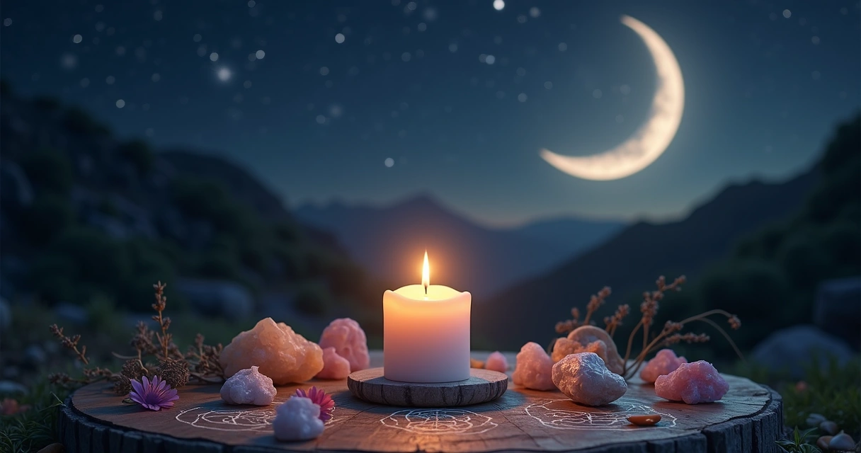 Altar com vela branca acesa, cristais, flores e símbolos esotéricos sob a luz suave da lua crescente no céu noturno