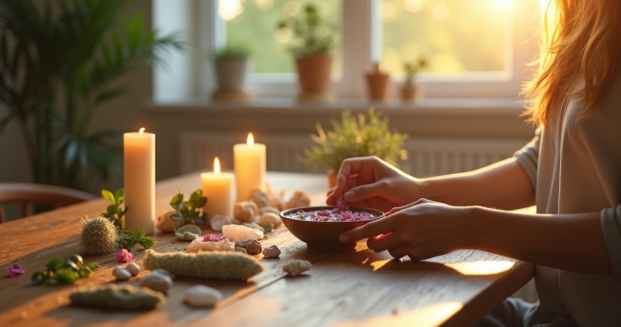 Pessoa fazendo ritual matinal com velas, cristais e ervas para proteção energética em ambiente iluminado e tranquilo