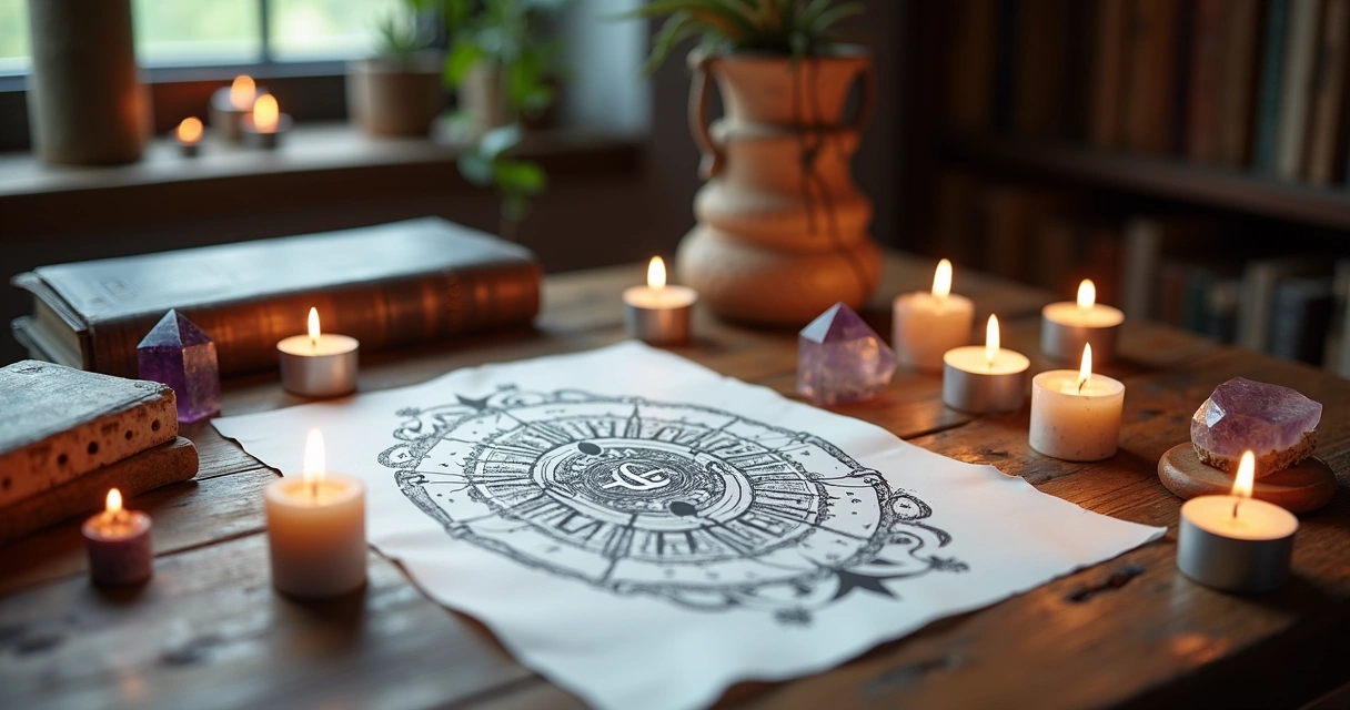 Mesa com ritual de simpatia usando sigilos mágicos desenhados em papel, velas acesas e cristais ao redor