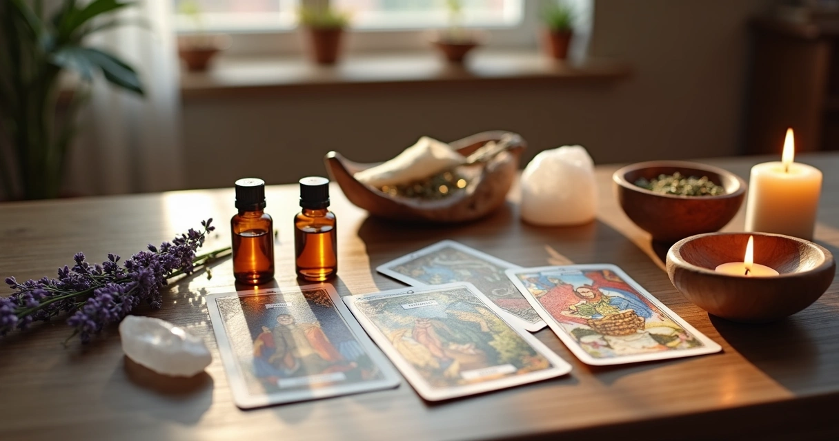 Mesa com cartas de tarot abertas ao centro e frascos de óleos essenciais ao redor
