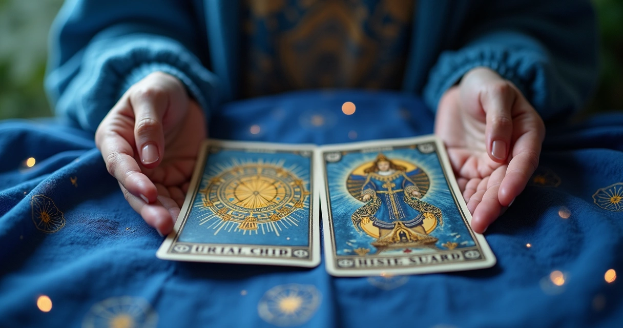 Mãos femininas segurando cartas de tarot sobre um tecido azul com símbolos esotéricos, ao fundo um sonho abstrato com luzes suaves e nuvens