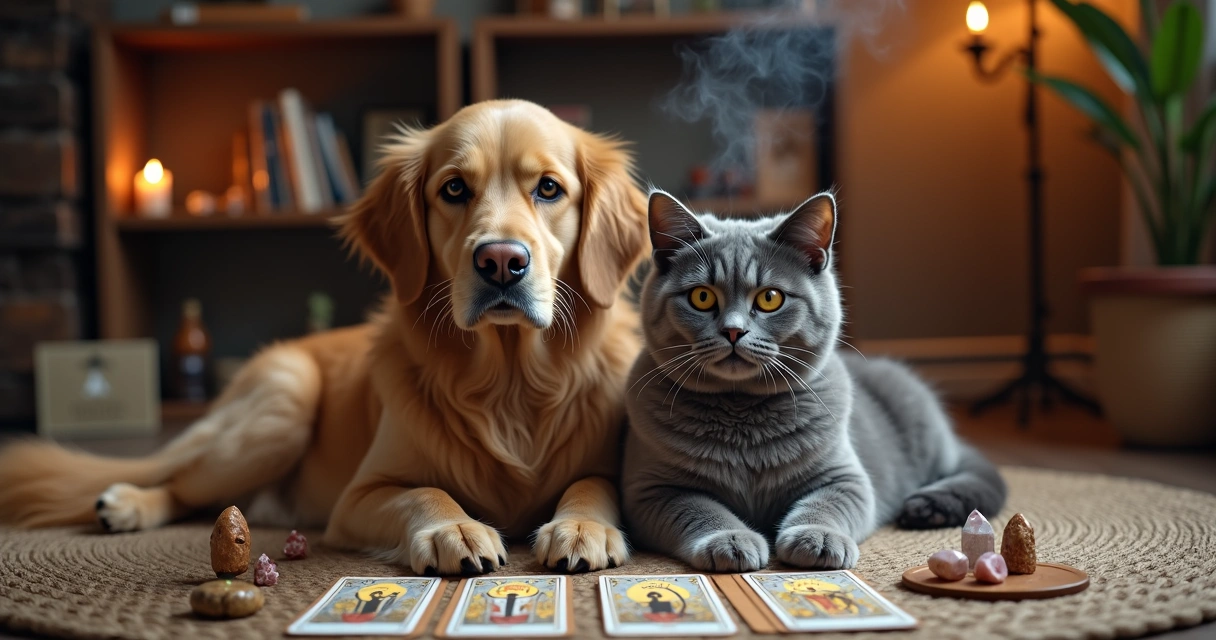 Gato e cachorro sentados juntos em tapete diante de cartas de tarot e cristais sobre mesa de madeira