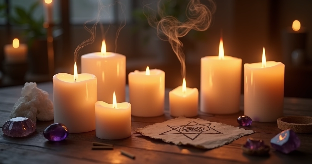 Velas acesas em altar espiritual com cristais, incenso e símbolos esotéricos ao redor