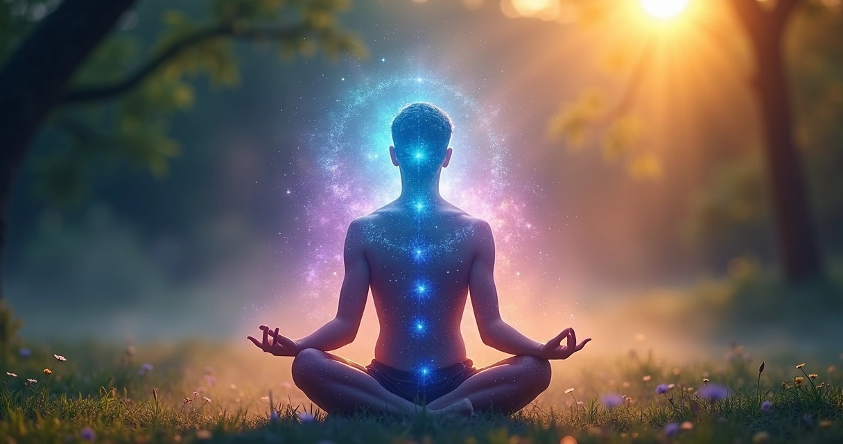Pessoa meditando com aura colorida brilhante ao redor do corpo em ambiente tranquilo e iluminado
