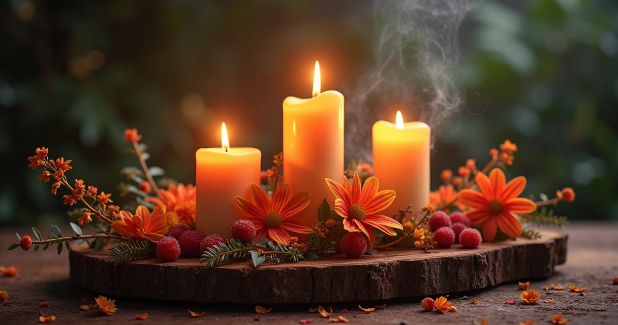 Altar mágico simples montado em mesa de madeira com velas, cristais, flores e incenso aceso