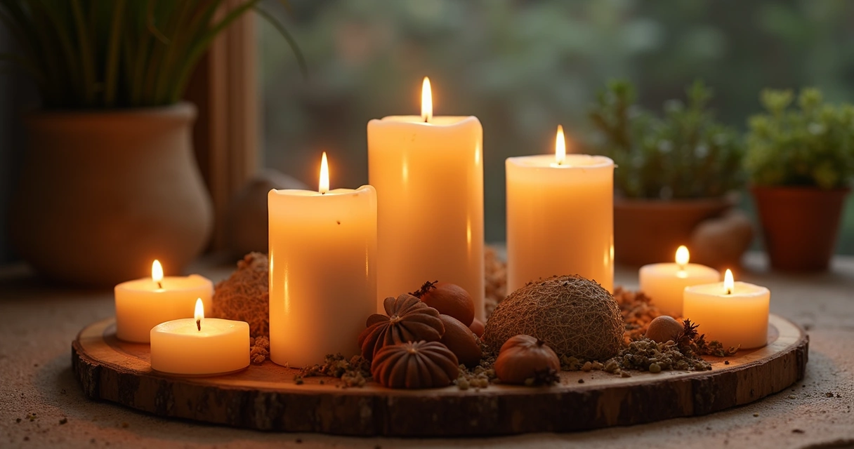 Altar pessoal decorado com velas, cristais e elementos naturais para banhos energéticos