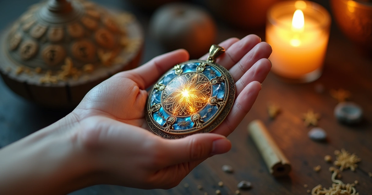 Mão segurando um amuleto espiritual detalhado com pedras brilhantes e simbolos místicos