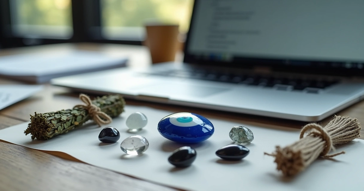 Mesa de escritório com amuletos de proteção como olho grego, cristais e ervas sobre um fundo com documentos e laptop