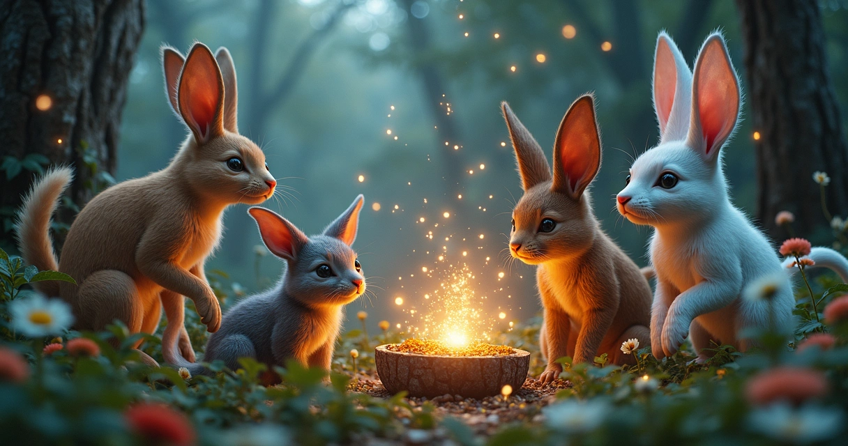 Diversos animais de poder em uma floresta mágica, iluminados por luz suave, representando simbolismos esotéricos do tarot