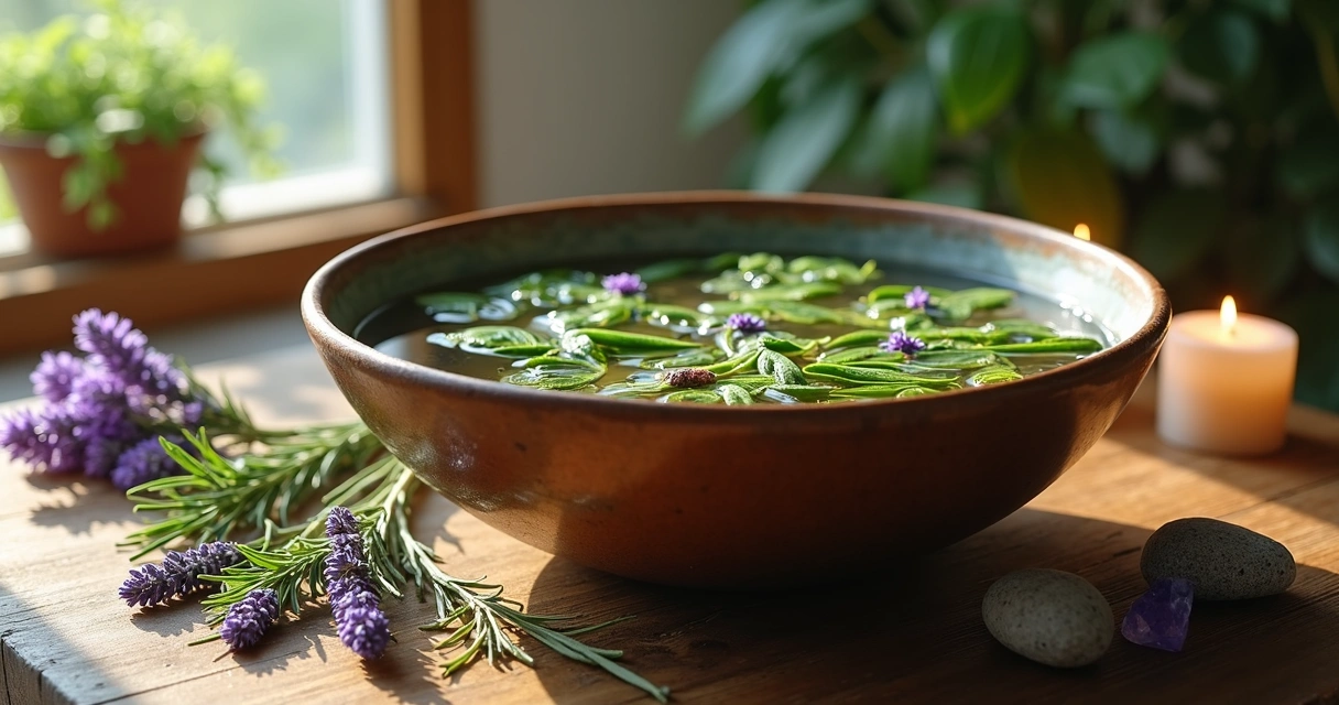 Banho com ervas frescas em bacia sobre superfície de madeira para proteção espiritual