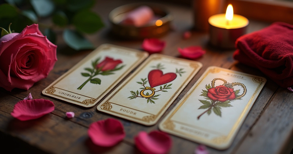 Baralho cigano com cartas espalhadas mostrando símbolos de amor e reconciliação sobre mesa de madeira com luz suave