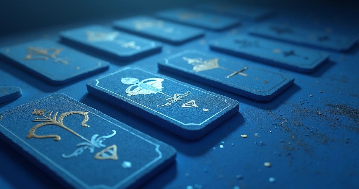 Cartas do baralho cigano dispostas sobre um tecido azul com símbolos esotéricos e velas acesas ao redor para proteção espiritual