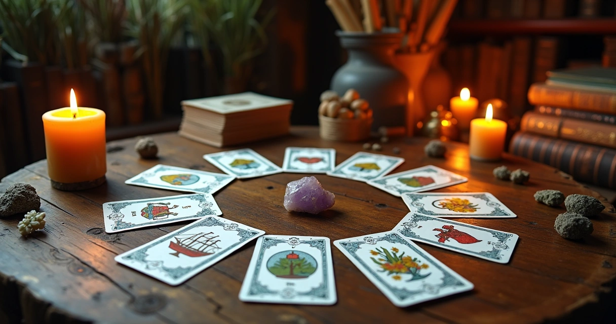Cartas do baralho Lenormand distribuídas sobre mesa de madeira rústica com símbolos esotéricos e velas acesas