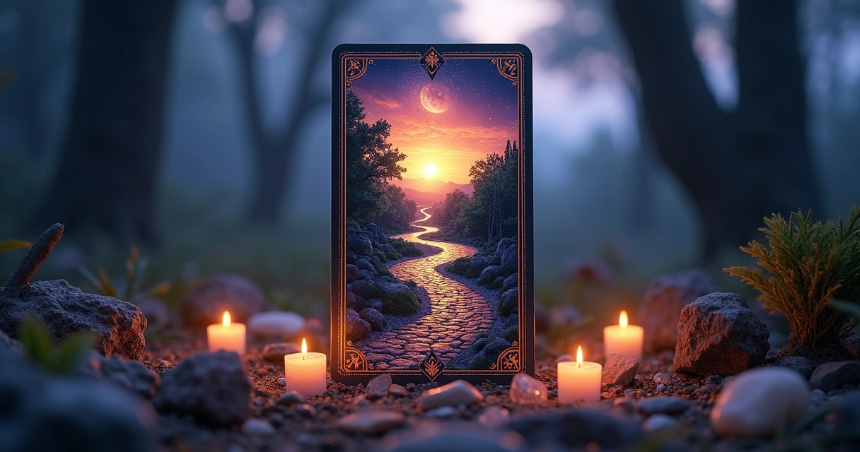 Carta Caminhos do Baralho Cigano com fundo de encruzilhada iluminada e símbolos esotéricos ao redor