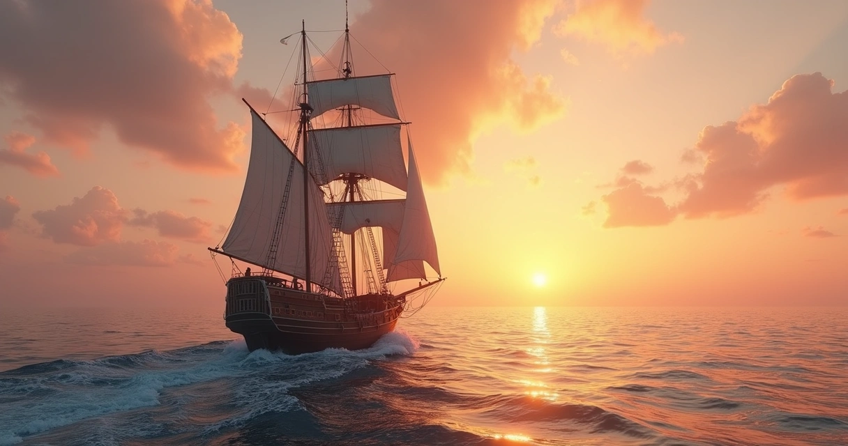 Carta O Navio do Baralho Cigano, com um navio antigo navegando em mar aberto ao pôr do sol