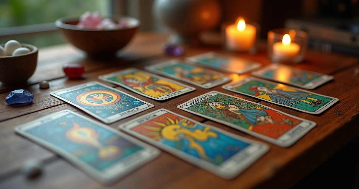 Cartas de tarot dispostas em mesa de madeira para leitura de reconciliação amorosa com iluminação suave