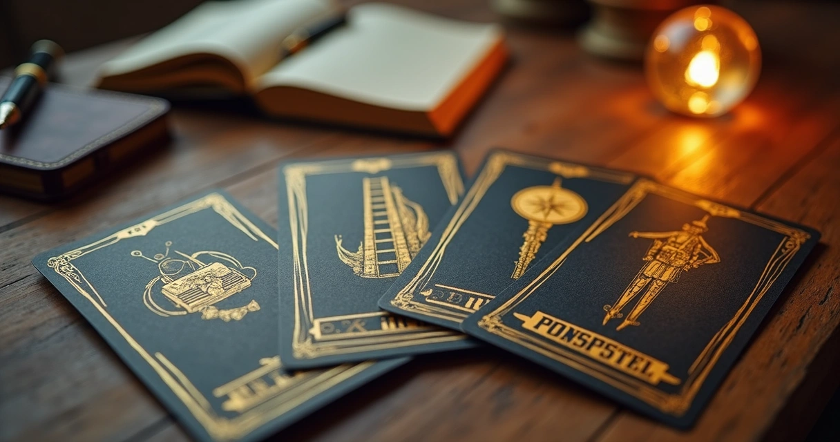 Mesa com cartas de tarot abertas revelando símbolos de carreira e mudança profissional