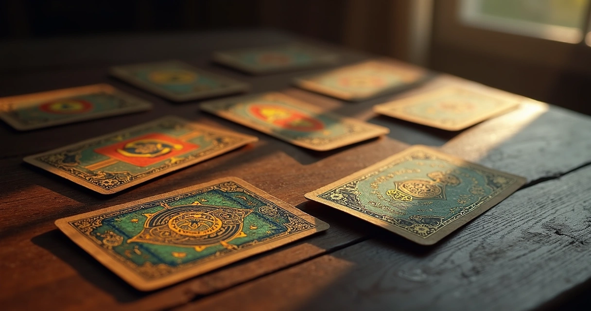Cartas de tarot espalhadas invertidas sobre mesa de madeira escura