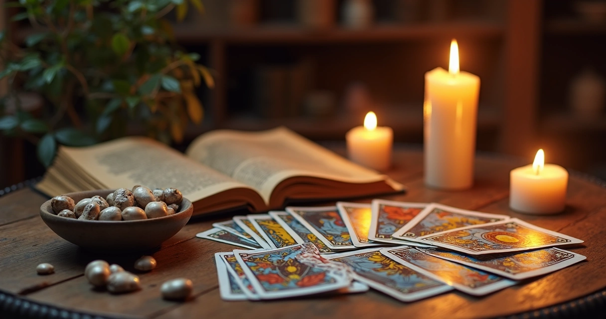 Mesa com cartas de tarot, búzios, velas e símbolos esotéricos iluminados por luz suave