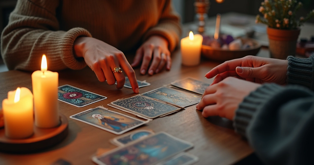 Casal sentado à mesa jogando cartas de tarot à luz de velas