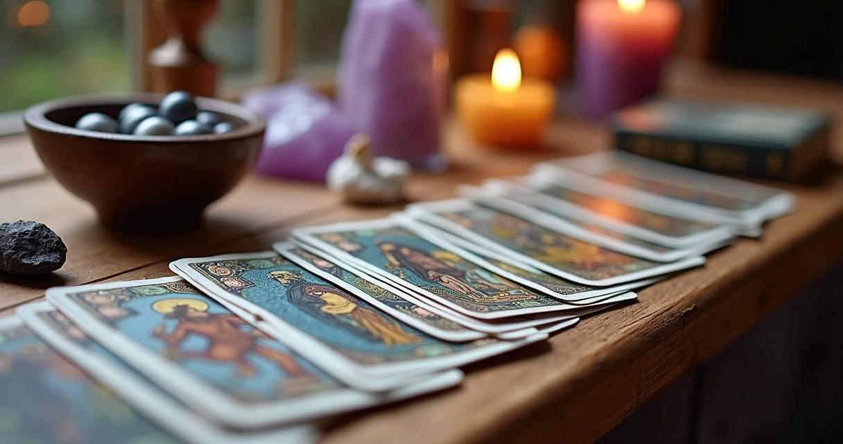 Mesa com cartas de tarot abertas, búzios e elementos esotéricos em ambiente iluminado e organizado