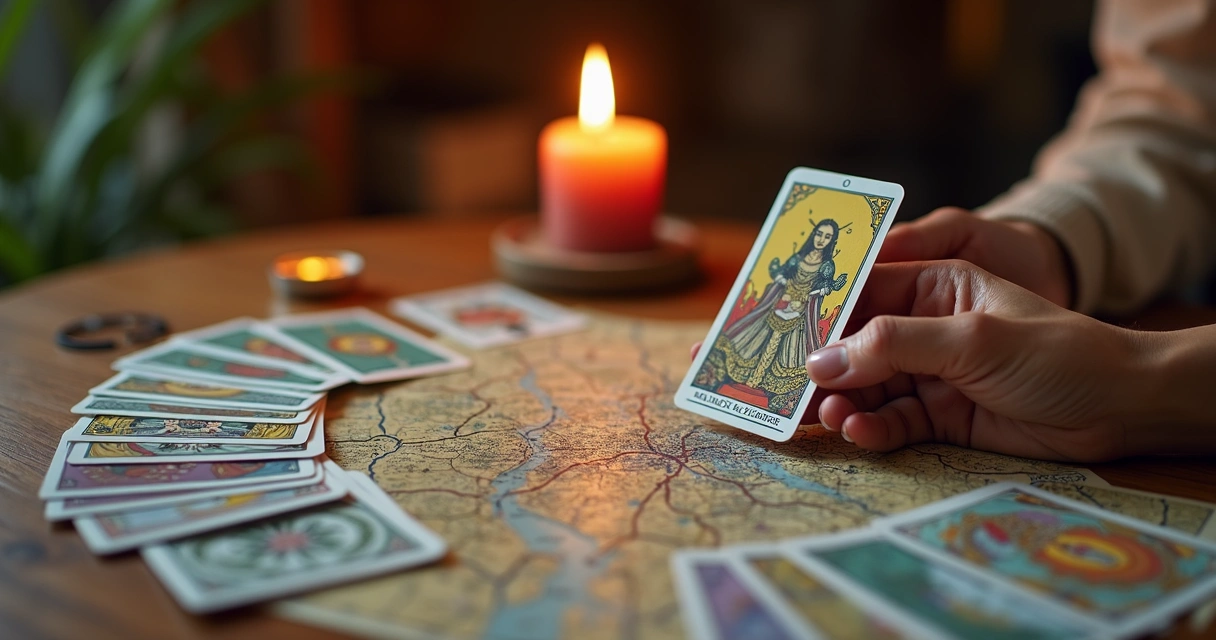 Mesa com cartas de tarot dispostas em leque, vela acesa e mãos femininas segurando uma carta na frente de um mapa de cidade