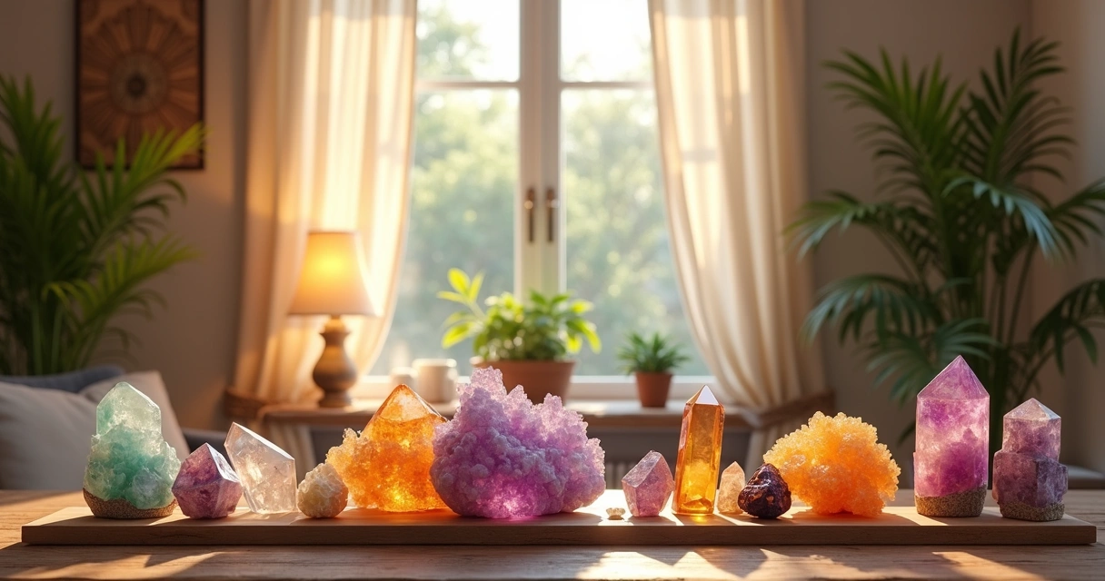 Cristais variados em ambiente decorado com elementos naturais e luminária suave