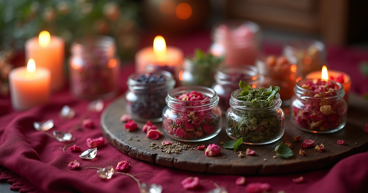 Ervas mágicas coloridas organizadas em pequenos potes de vidro sobre tecido vermelho, com velas acesas e cristais ao redor para feitiços de amor