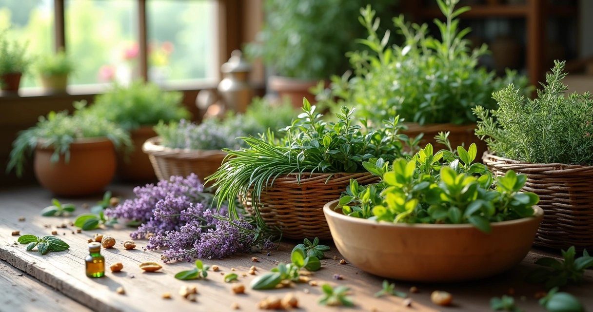 Várias ervas frescas e secas organizadas em cestas e tigelas de madeira sobre uma mesa rústica, com cores vibrantes e detalhes das folhas e flores