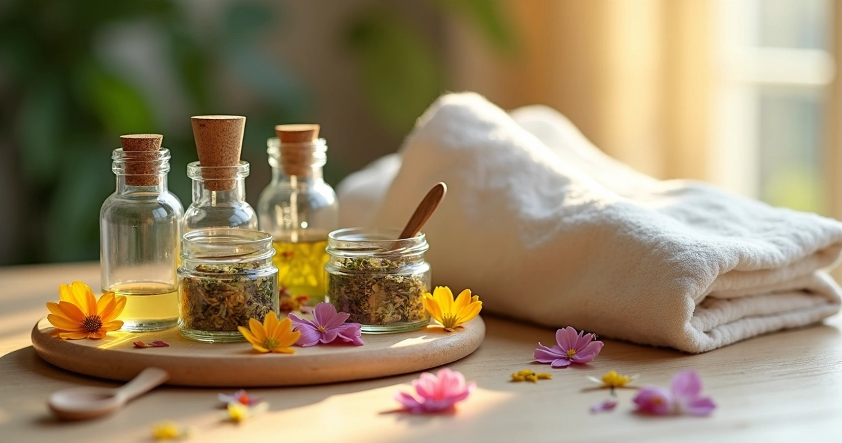 Kit compacto de banhos rápidos com vidros pequenos, ervas secas, óleos essenciais e flores sobre uma mesa de madeira clara